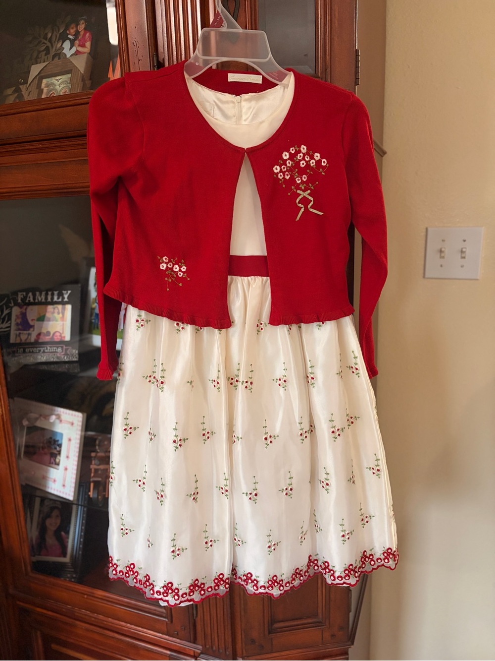 American Princess Red and White Floral Embroidered Formal Dress with Cardigan